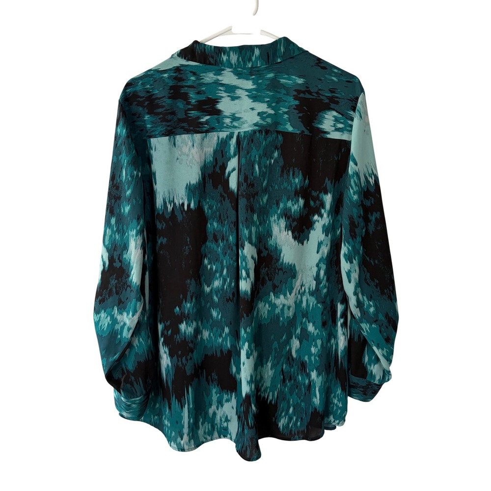 Olivia Investments Teal Black Abstract Print Roll Tab Button Down Blouse Large - Picture 2 of 11
